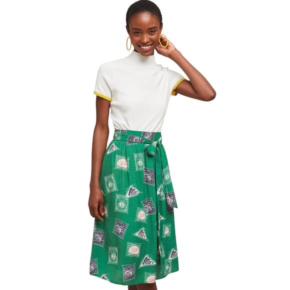 Anthropologie Porridge Getaway Skirt Green Large Novelty Travel Boho Artsy - Picture 2 of 10